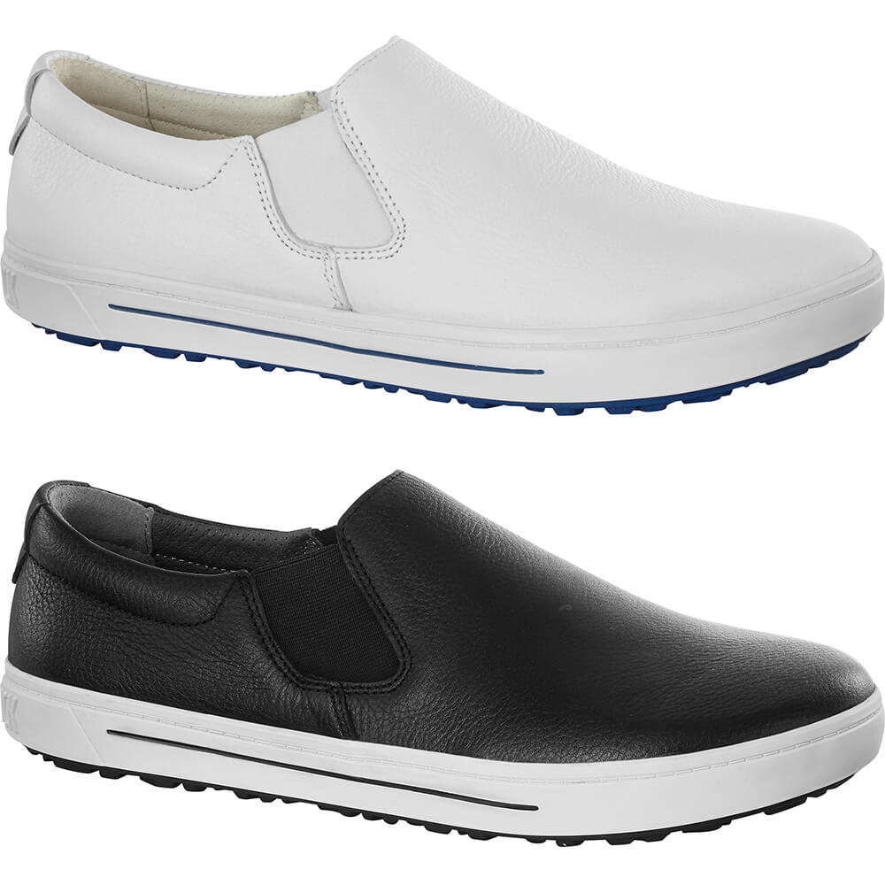 Weiße Slip-on-Lederschuhe mit seitlichem Einsatz und dunkelblauer Linie an der Sohle.