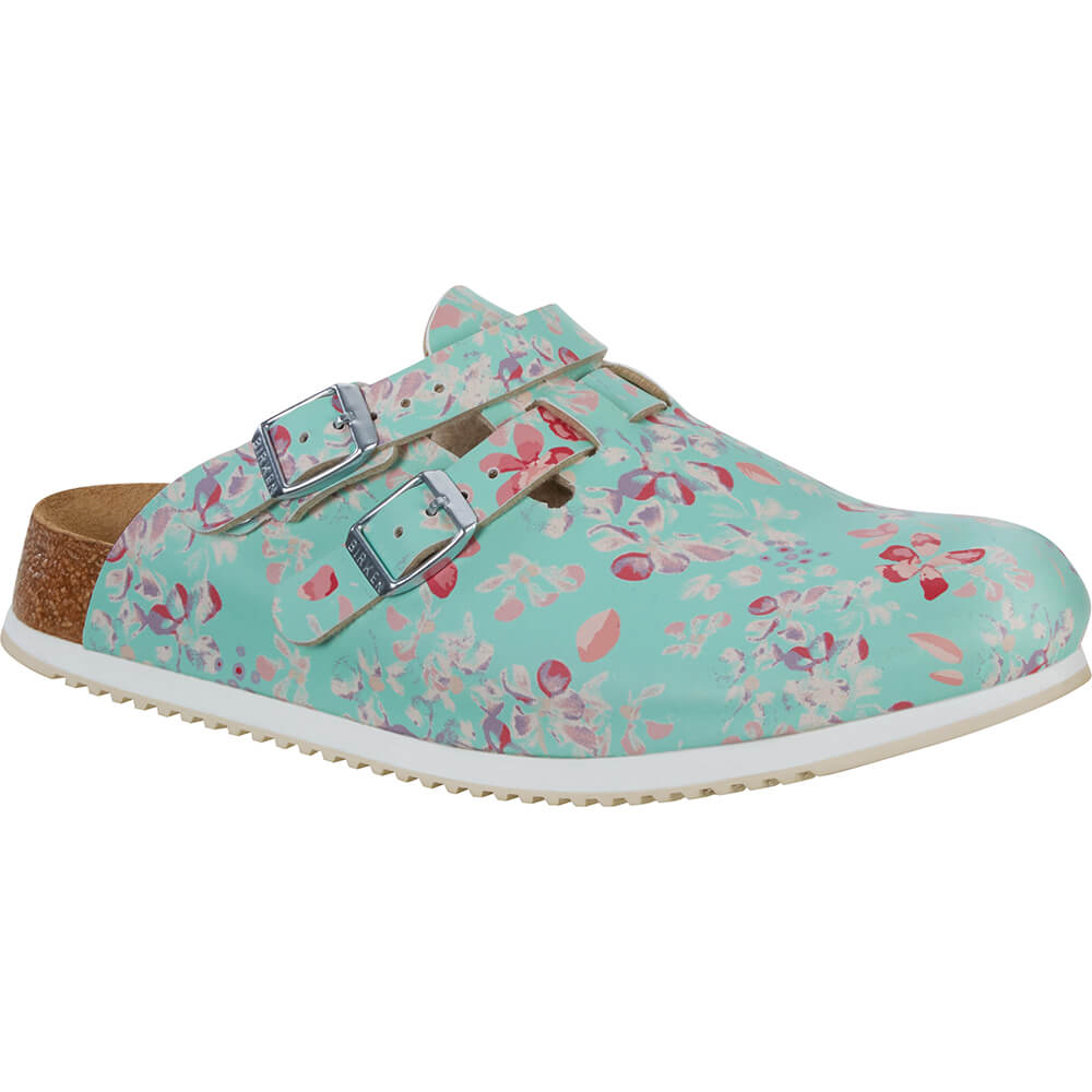 Birkenstock Clog Türkis mit Blumenprint, zwei Gurt-Schnallen mit Metallösen