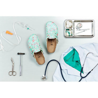 Birkenstock Schmaler Schuh mit mintfarbenem Blumenmuster, braune Innenfläche