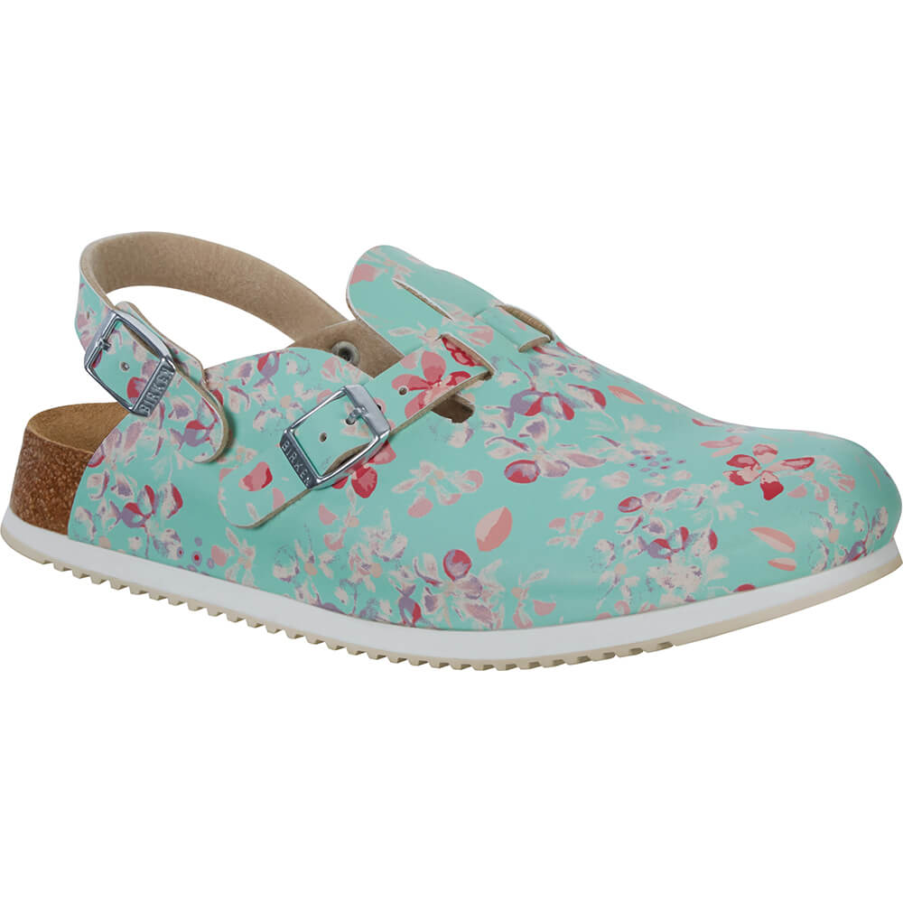 Birkenstock Clog Türkis mit rosafarbenem Blumenmuster und zwei Schnallen