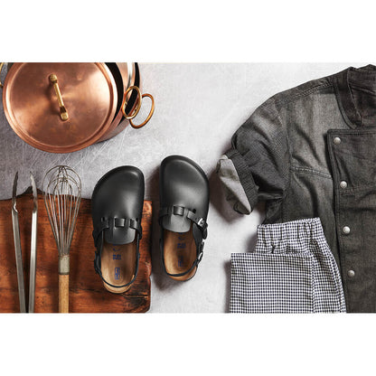 Paar Birkenstock Kay SL Clogs: schwarze Lederschuhe mit zwei Schnallen