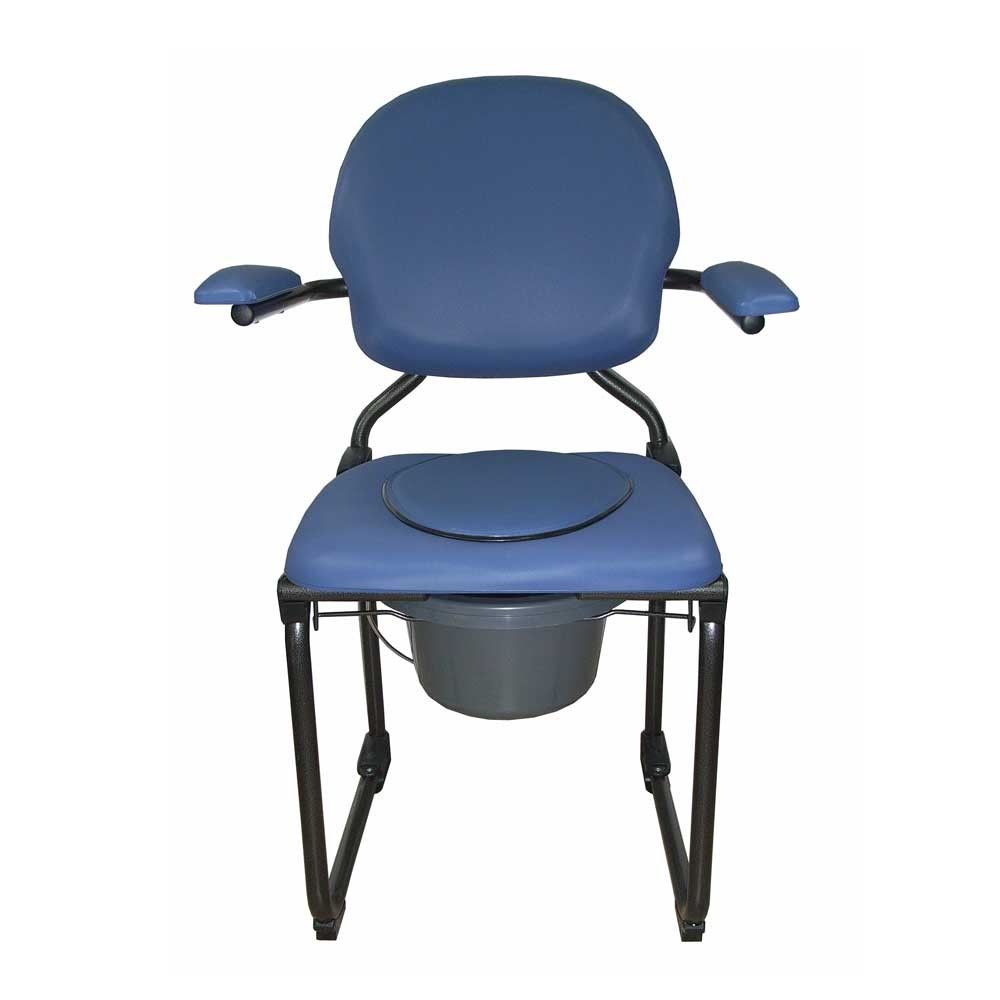 Behrend faltbarer Toilettenstuhl mit Eimer, Abdeckplatte und Armlehnen, blaues Polster