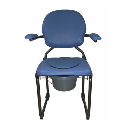 Behrend faltbarer Toilettenstuhl mit Eimer, Abdeckplatte und Armlehnen, blaues Polster