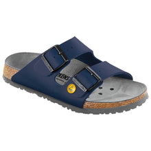 Blauer Birkenstock Arizona ESD-Sandale mit zwei verstellbaren Schnallen, grauem Fußbett