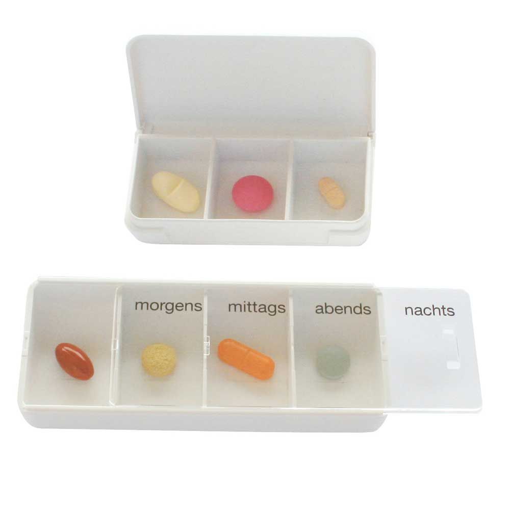 Weiße Tabletten-Dose mit Fächern für morgens, mittags, abends, nachts und 3 kleinen Tabletten