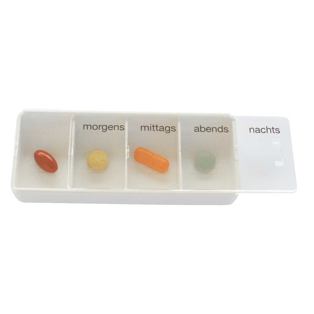Weiße Tabletten-Dose mit vier Fächern: morgens, mittags, abends, nachts