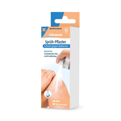Lifemed Sprüh-Pflaster 40 ml, Verpackung mit Hinweis auf Schutzfilm gegen Bakterien