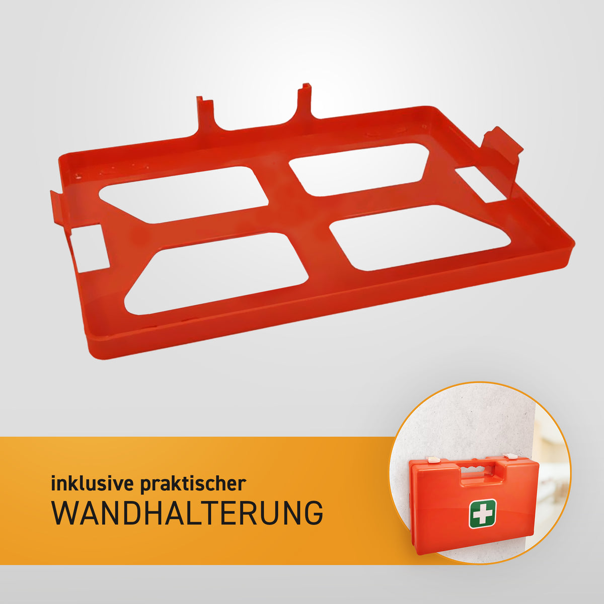 Wandhalterung für Erste-Hilfe-Koffer, rote Kunststoffhalterung mit Montage-Detail