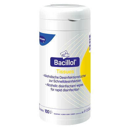 Bacillol Tissues Desinfektionstücher-Spenderzylinder, Frontansicht mit gelben Akzenten
