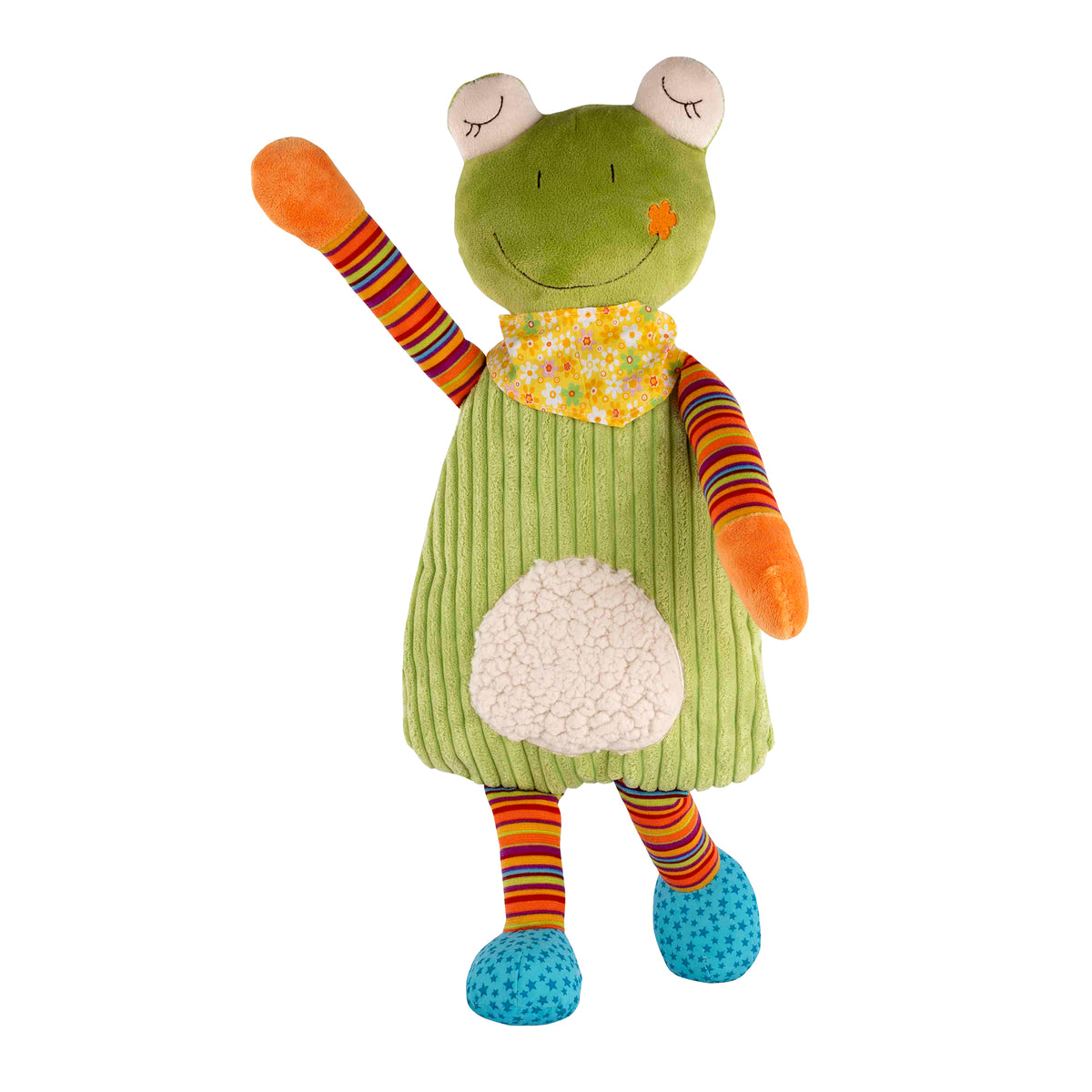Plüsch-Wärmflaschenbezug: Frosch mit grünem Kleid, gelb gemustertem Gürtel und Ringel-Beinen