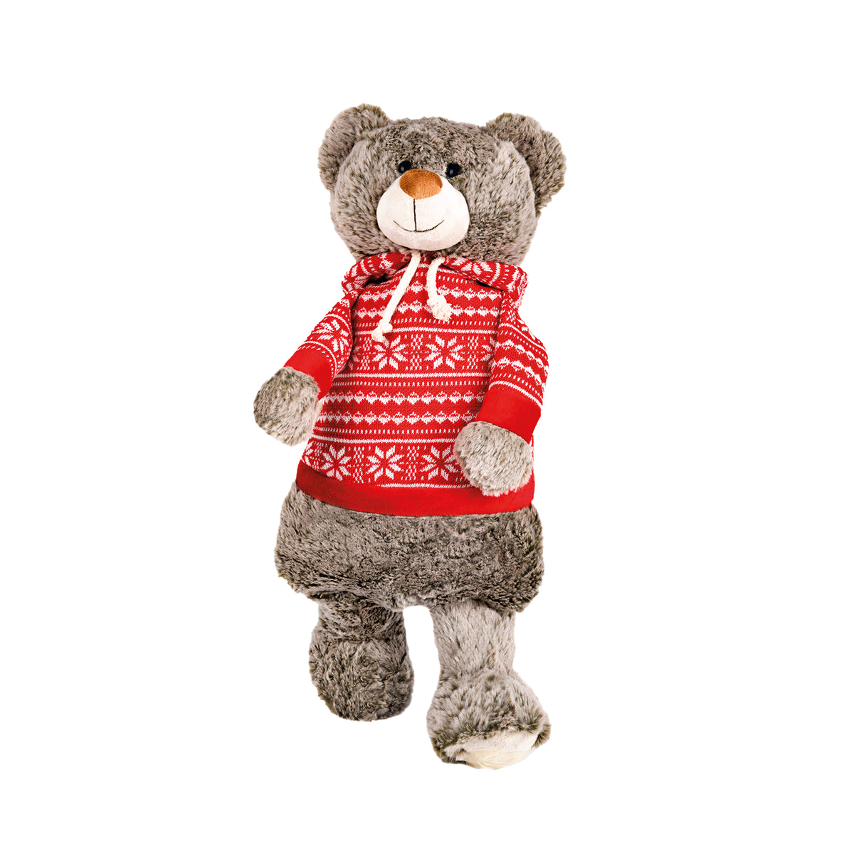 Plüsch-Wärmflaschenbezug: Teddybär mit rotem Norwegerpullover im Wintersuchendesign