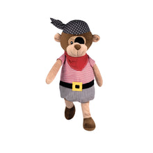 Plüsch-Wärmflaschenbezug: Teddybär mit schwarzer Musterkappe und rot-weiß gestreiftem Shirt