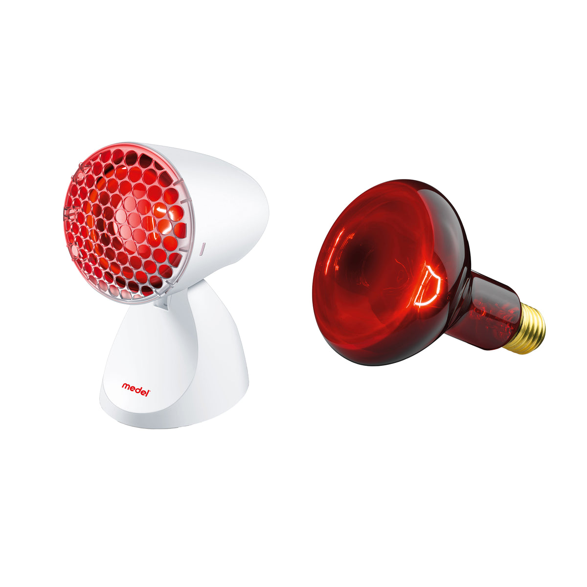 Infrarotlichtlampe mit rotem Strahlkopf und separat roter Ersatzstrahlerlampe