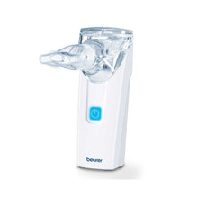 Mobiler Inhalator mit transparenter Vernebler-Einheit, weißem Gehäuse und blauem Ein/Aus-Schalter