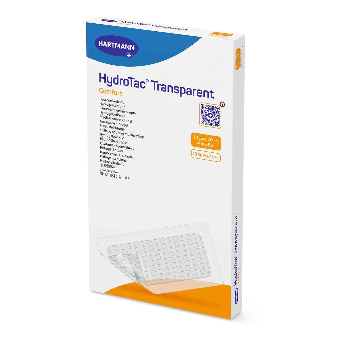 HydroTac® transparent comfort Wundverband-Packung, 10×20 cm, weiß mit blauem Logo