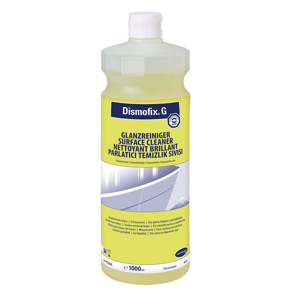 Flächenreiniger Dismofix® G von Bode: gelbe Flasche mit weißem Deckel und Frontetikett.