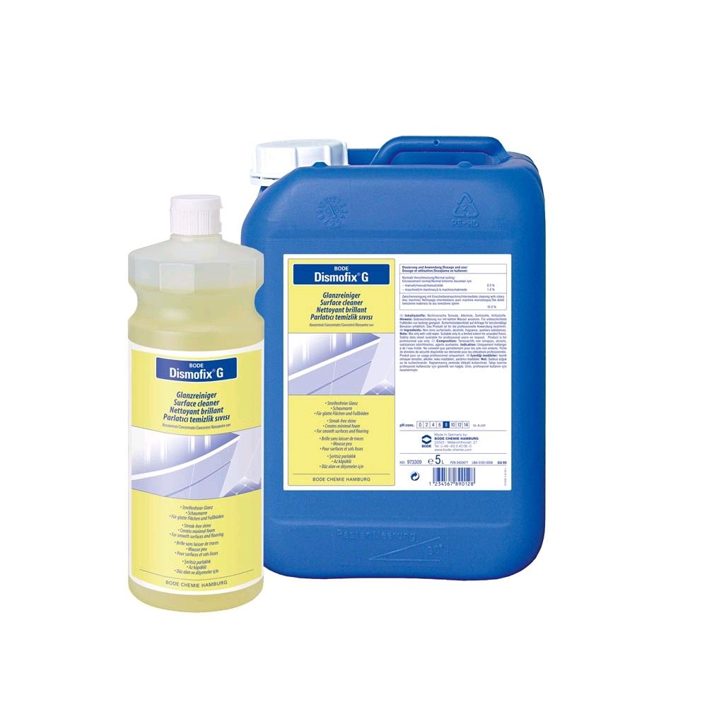 Flächenreiniger Dismofix® G von Bode: blauer Kanister und Flasche, mit Dosierdeckel.