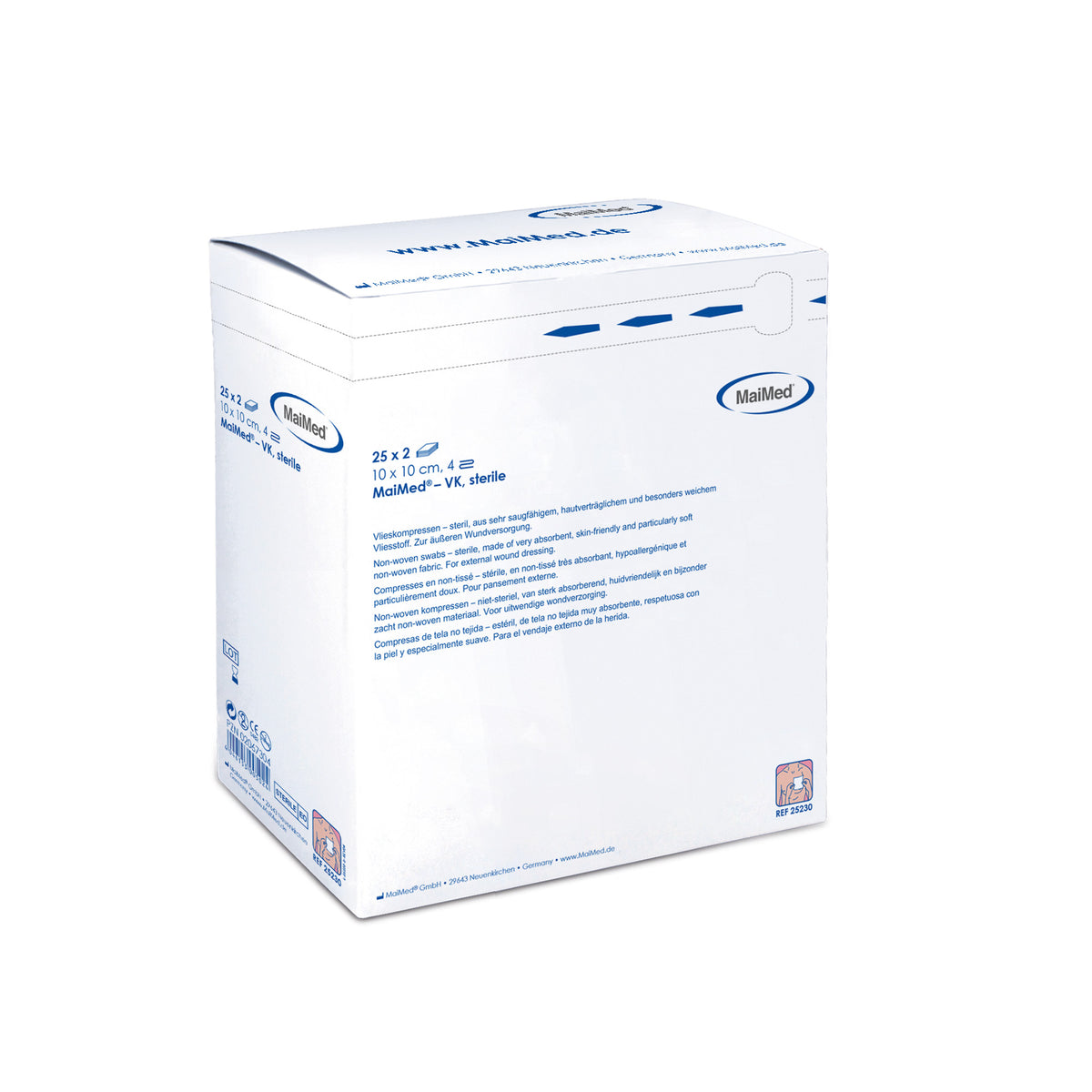 MaiMed Vlieskompressen 5×5 cm, Kartonpackung mit Produktangaben und Logo