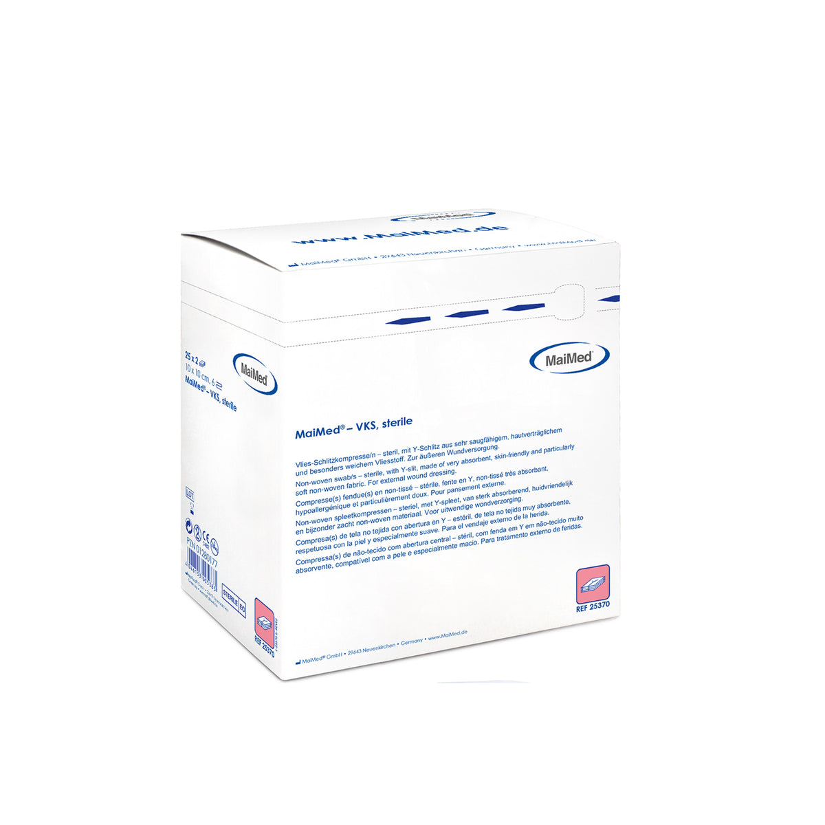 Sterile Vlies-Schlitzkompressen-Packung (5×5 cm), weiß/blau bedruckt