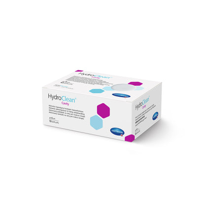 Hartmann HydroClean® Cavity Karton mit lila/blauen Hexagon-Illustrationen, weiß