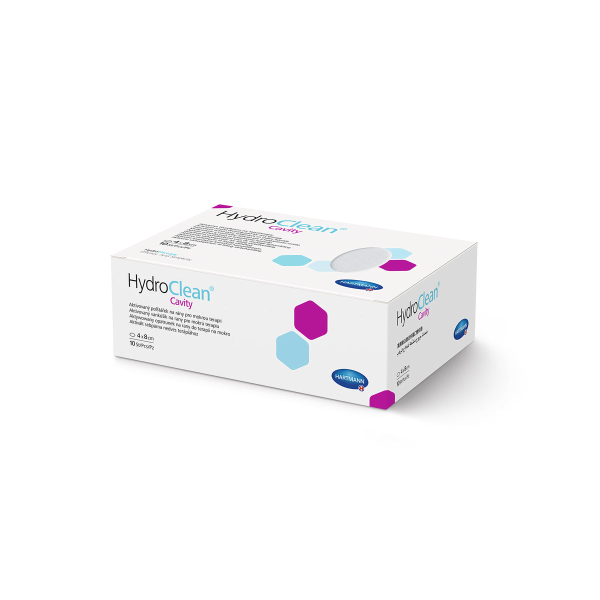 Hartmann HydroClean® Cavity Karton, 3/4-Ansicht; weiße Verpackung mit lila/blauen Formen