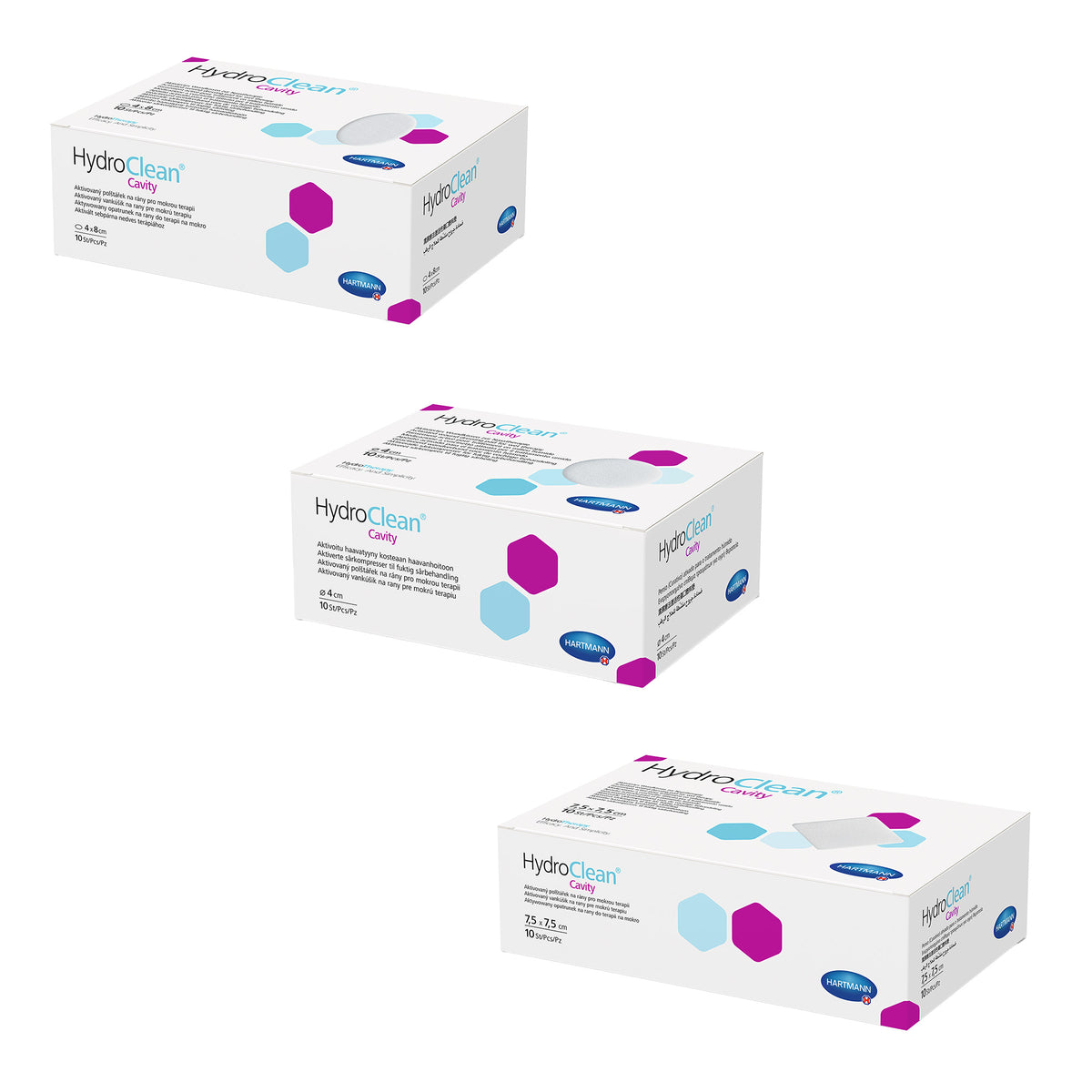 Hartmann HydroClean® Cavity Packung: mehrere weiße Kartons mit lila/blauen Hexagonen