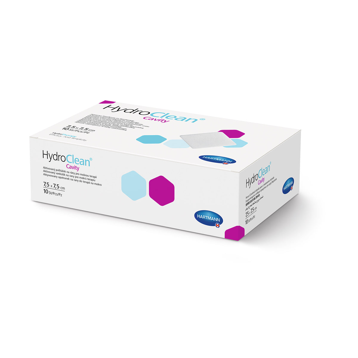 Hartmann HydroClean® Cavity Karton, seitlich gezeigt; weiße Packung mit lila Akzenten