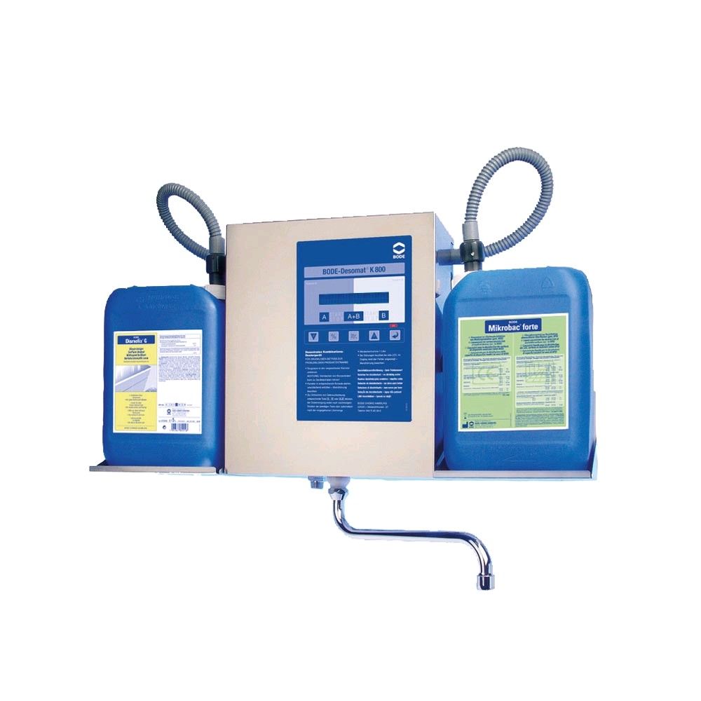 Dosiergerät BODE Desomat mit Display, beige Steuerbox und blauem Kanister, Schläuche