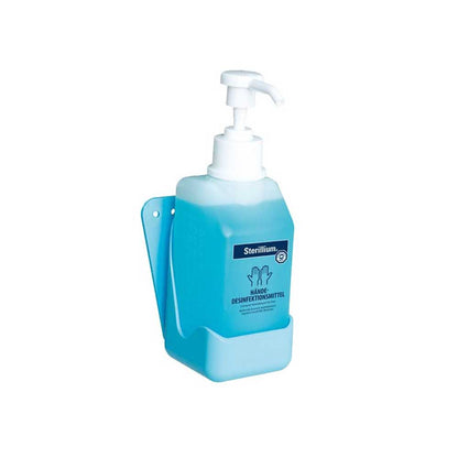 Händedesinfektionsspender mit Pumpe im blauen Wandhalter, transparentes Fach