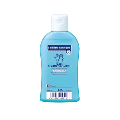 Blaues Händedesinfektionsmittel, Flasche mit weißem Deckel, Vorderseite, 100 ml.