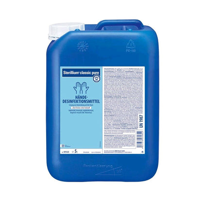 Blauer Händedesinfektionsmittel-Kanister, Rückansicht mit Barcode, 5 Liter, PE-HD.