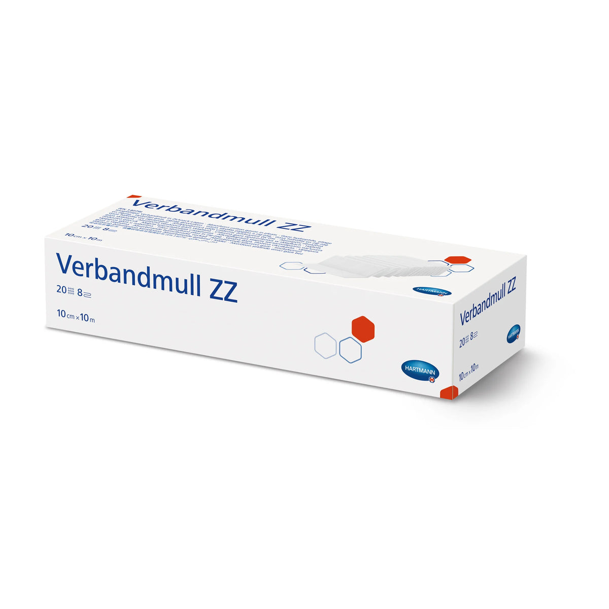 Hartmann Verbandmull ZZ Packung, lange Seitenansicht, weiße Kartonage mit blauer Aufschrift