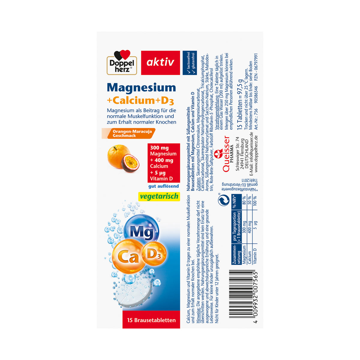 Doppelherz aktiv Magnesium+Calcium+D3 Brausetabletten, Rückseite mit Nährwertangaben