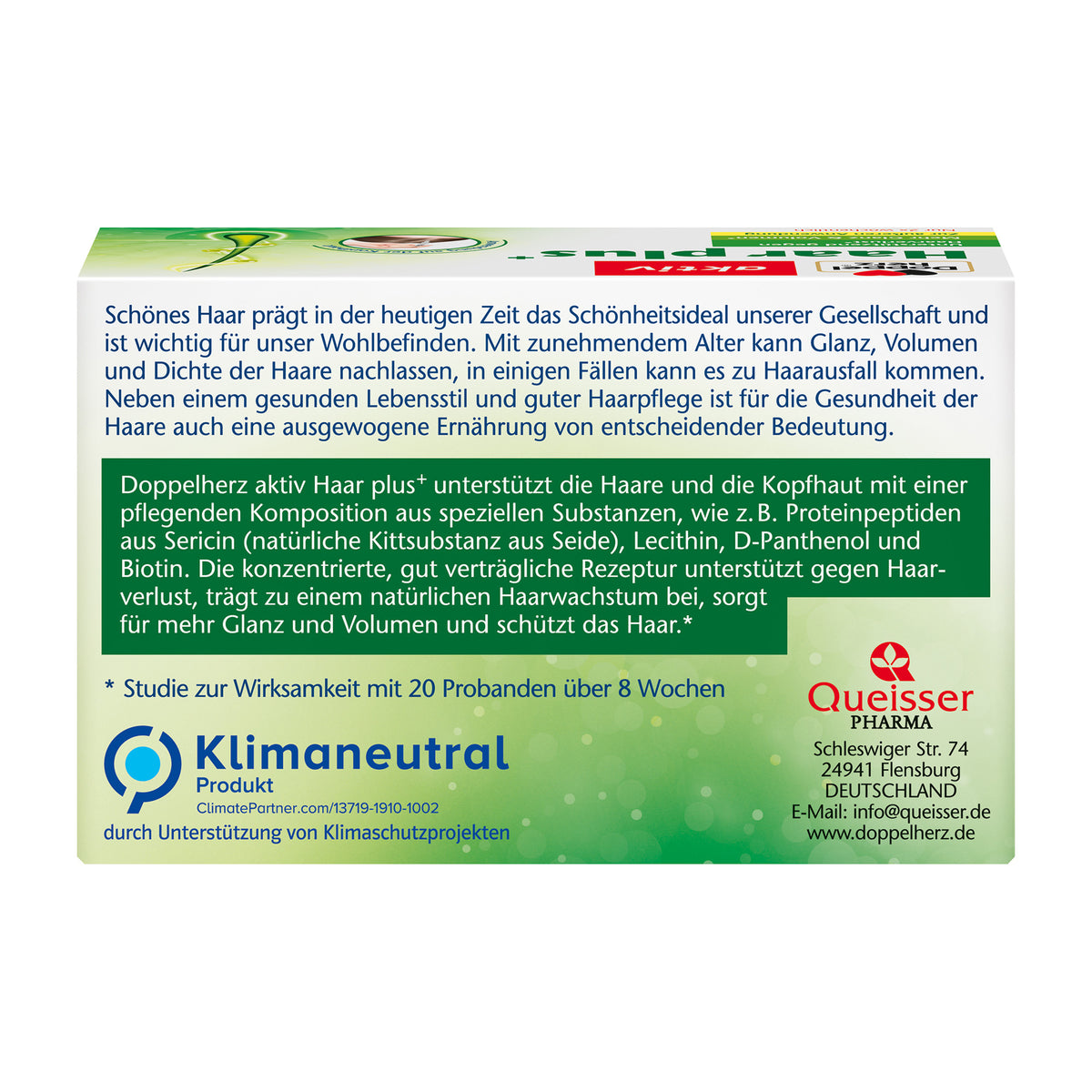 Rückseite der Doppelherz aktiv Haar plus+ Packung mit Inhaltsbeschreibung und Logos