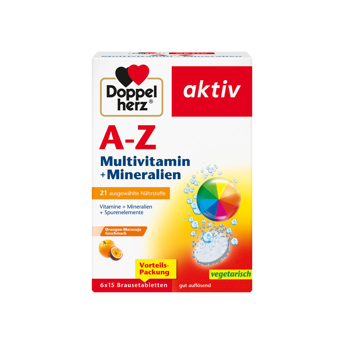 Doppelherz aktiv A-Z Multivitamin + Mineralien Vorteilspackung, Karton mit 6×15 Brausetabletten