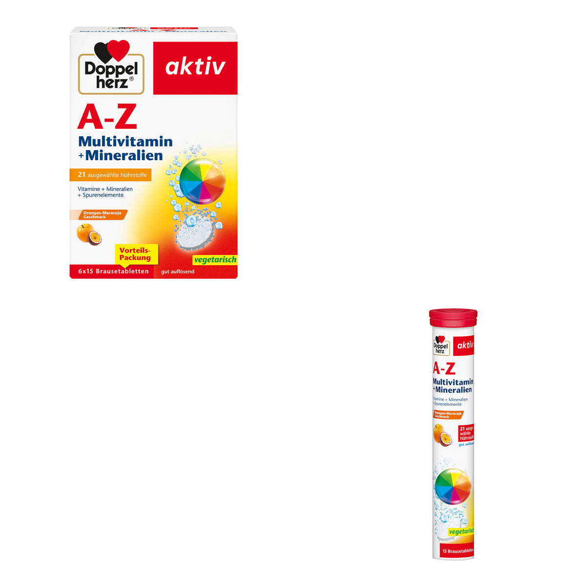 Brausetabletten-Set Doppelherz aktiv A-Z: Kartonpackung und Röhrchen mit rotem Deckel