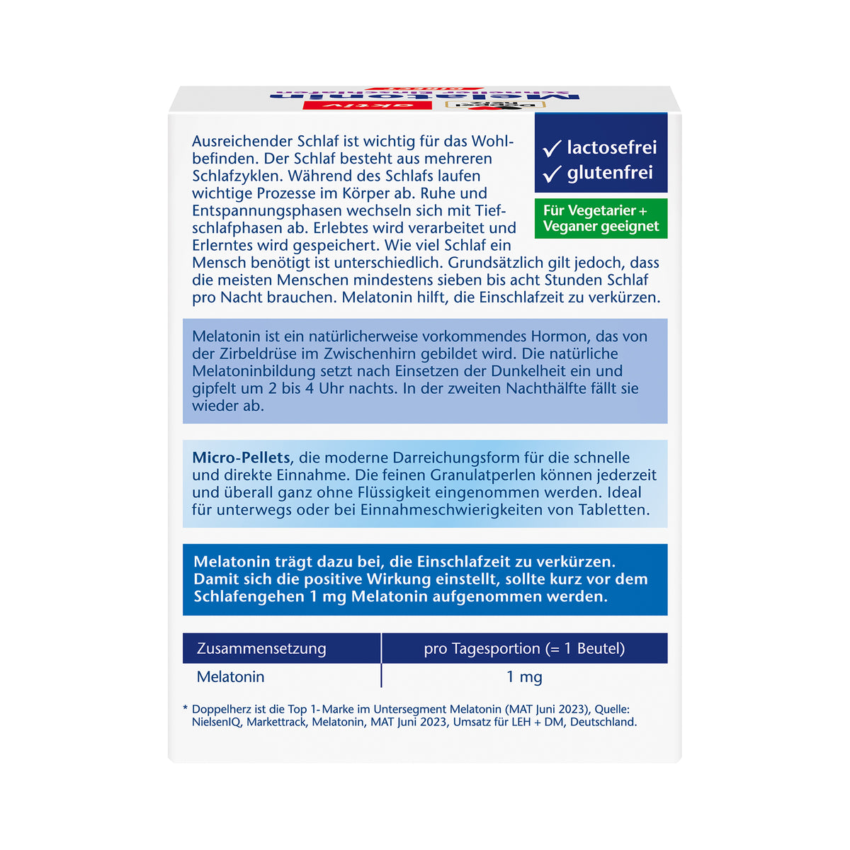 Melatonin Beutel Packung, Rückseite mit Hinweise, lactosefrei und glutenfrei