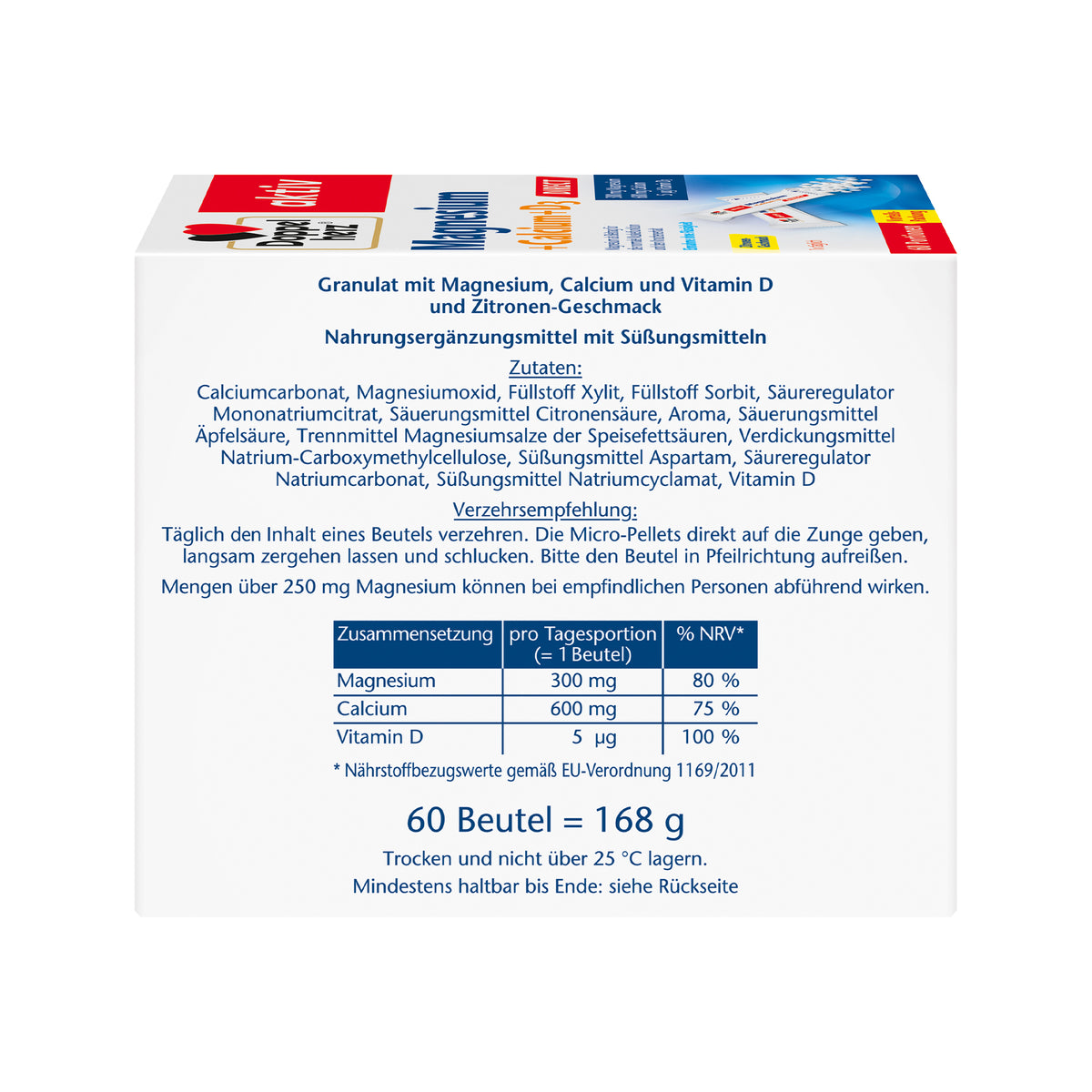 Rückseite mit Zutaten- und Nährwerttabelle der Doppelherz aktiv Magnesium + Calcium + D3