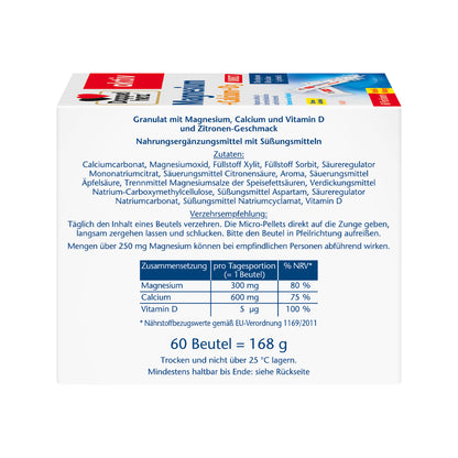 Rückseite mit Zutaten- und Nährwerttabelle der Doppelherz aktiv Magnesium + Calcium + D3