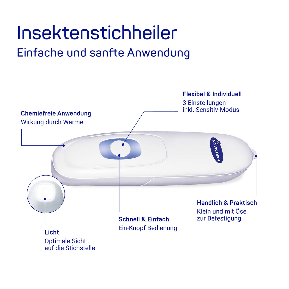 Weißer Insektenstichheiler mit blauem Bedienelement und Markierung der 3 Intensitätsstufen
