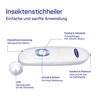 Weißer Insektenstichheiler mit blauem Bedienelement und Markierung der 3 Intensitätsstufen