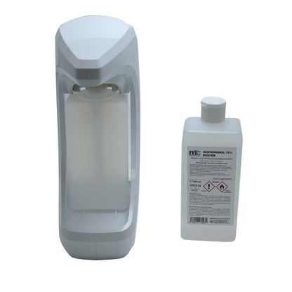 Touchless Desinfektionsmittelspender MC24, grau, mit Spenderöffnung und Auffangschale