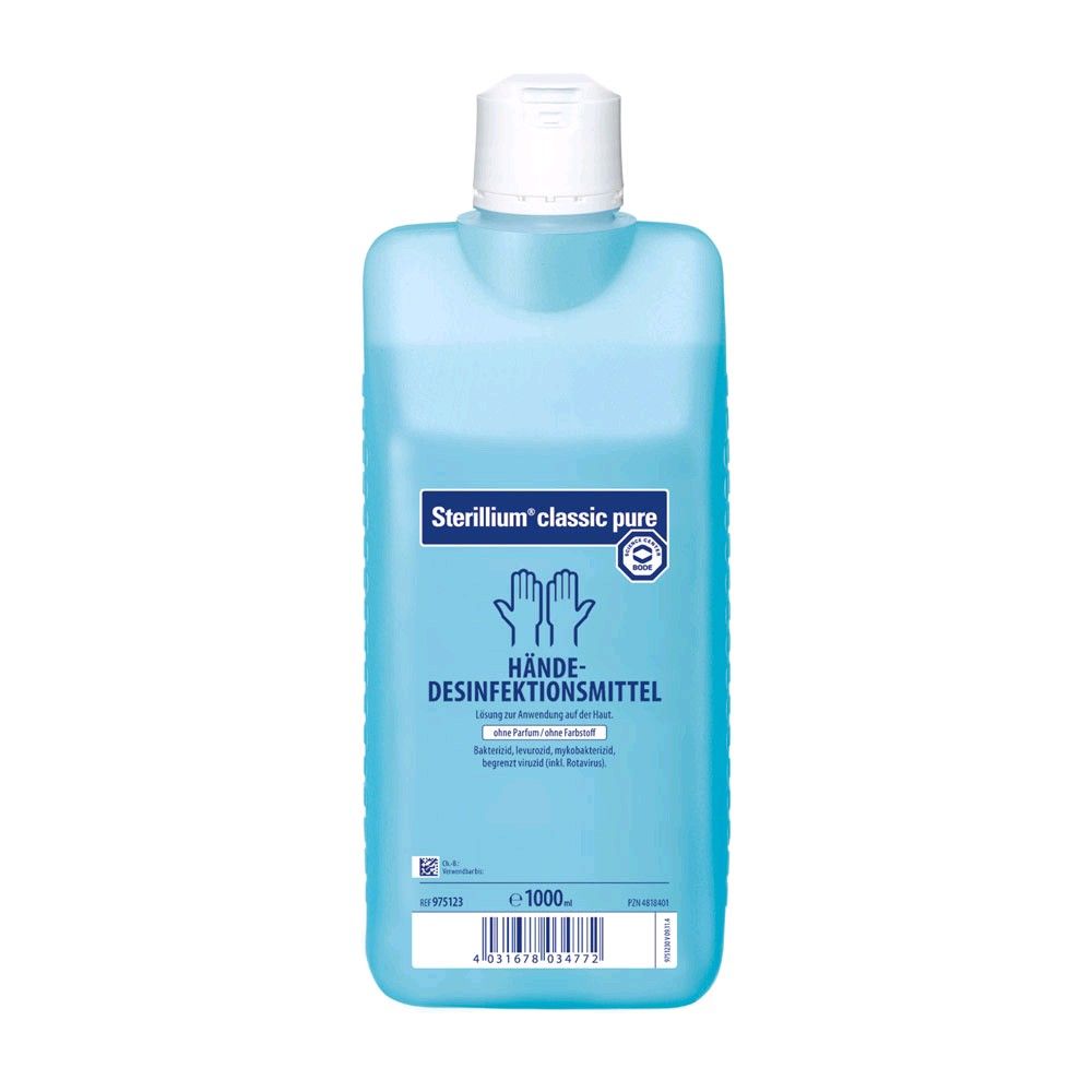 Sterillium classic pure Händedesinfektionsmittel in blauer Flasche, weißer Deckel, 1.000 ml