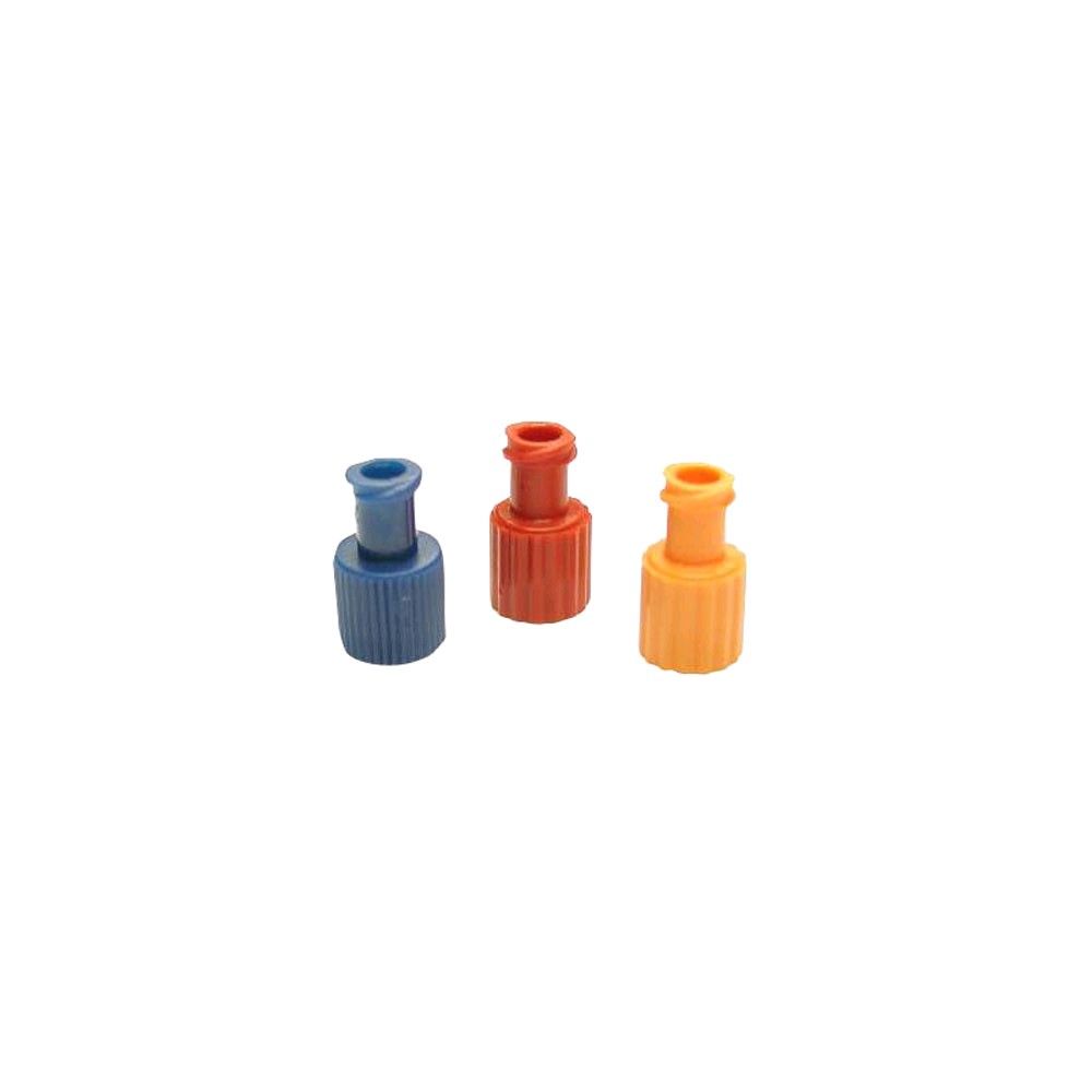 Luer-Lock-Kombistopfen mit Sicherheitsverschluss, blau, rot und gelb/orange