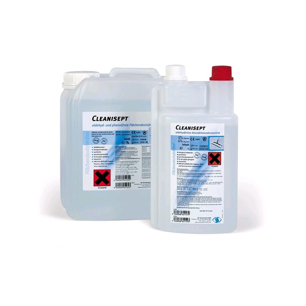 Flächendesinfektionsmittel Cleanisept von Dr. Schumacher, Kanister-Set mit Etiketten und roten Kappen