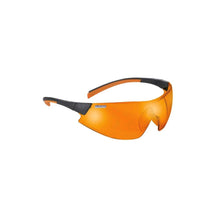 Orange Schutzbrille mit UV-Schutz, dunklem Rahmen und breiten Bügeln