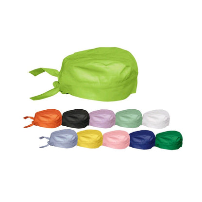 Stoff-OP-Haube im Bandana-Stil, grün, mit Bindebändern am Hinterkopf.