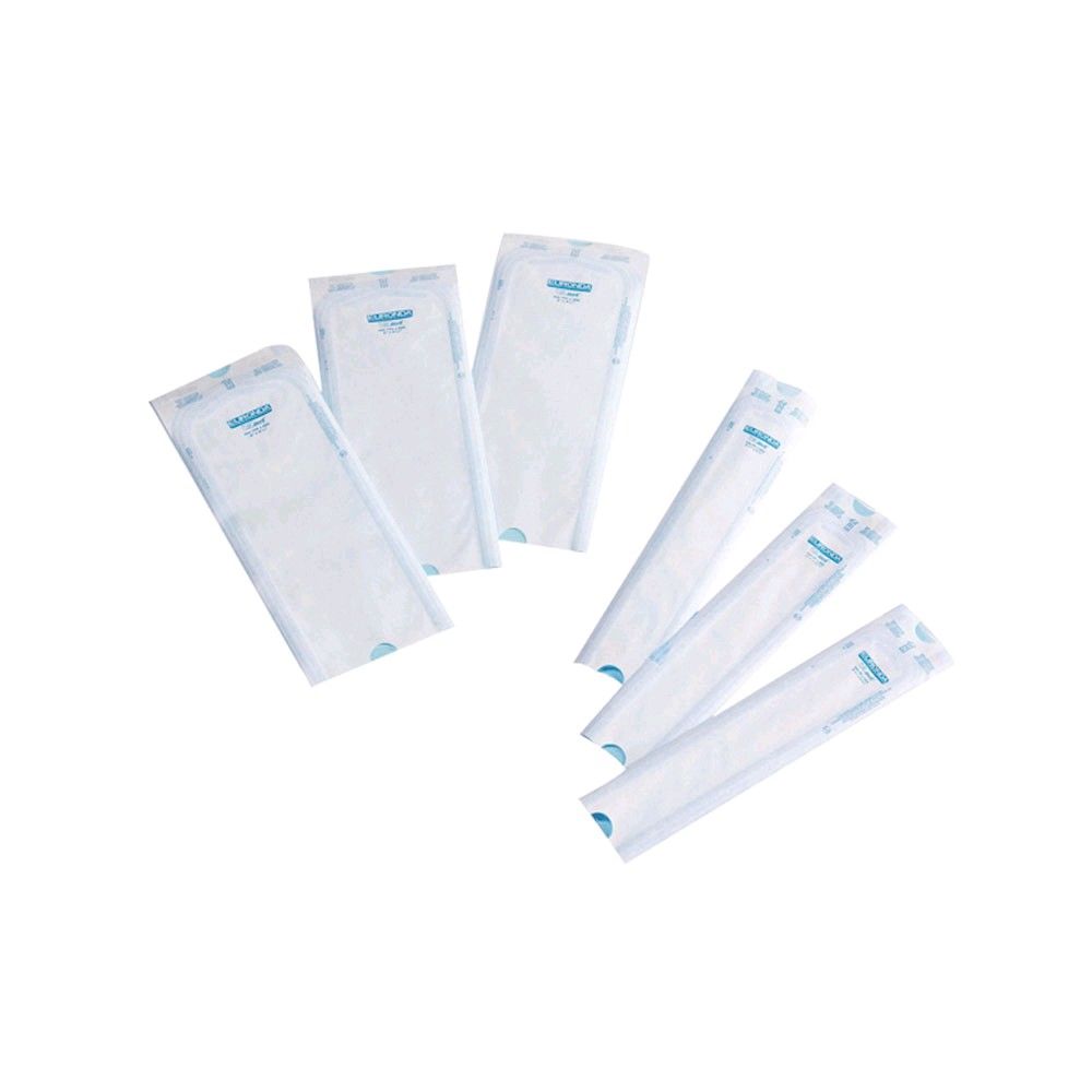 Set Sterilisationsbeutel: einzelne Beutel mit blauem Aufkleber, transparent, 25 cm