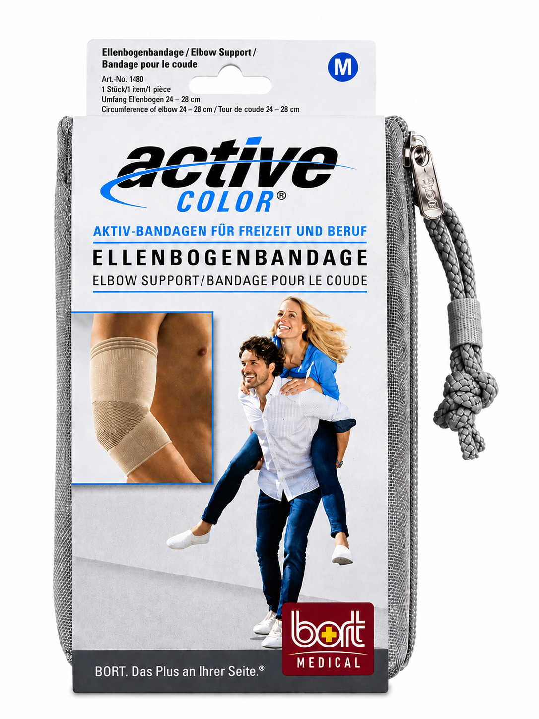 Ellenbogenbandage Active Color in hautfarben, Packung mit Größenhinweis M