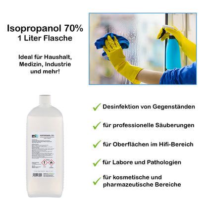 Isopropanol 70% 1-Liter-Flasche mit Etikett und Anwendungshinweisen